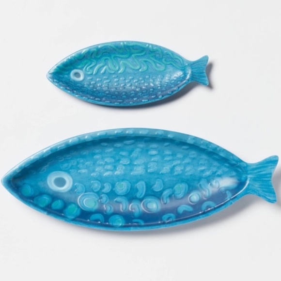 OpalHouse Bamboo Melamine Blue Fish Serving Platter 2 Pack + 2pc Spoon Set NWT - Picture 3 of 3